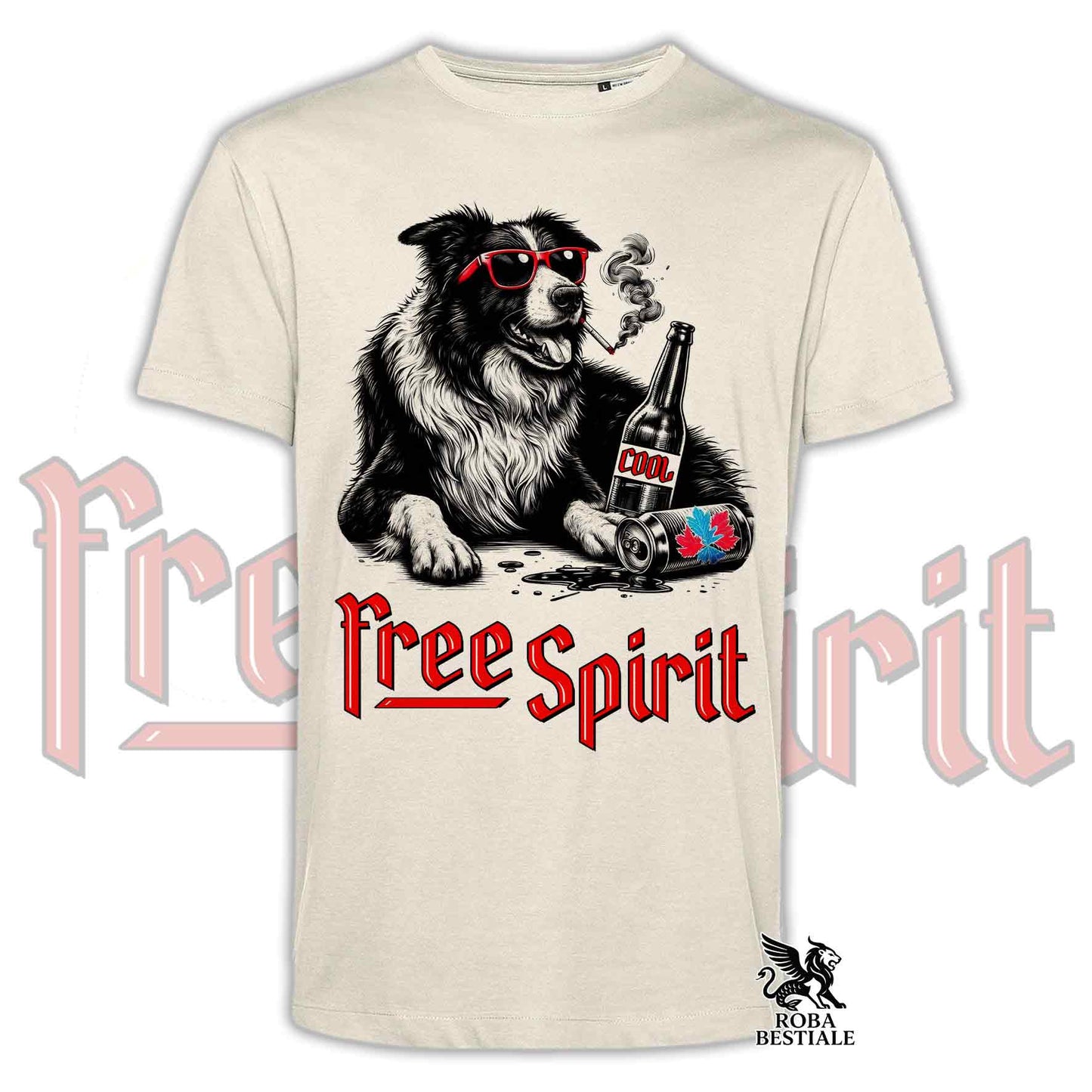 T-Shirt FREE SPIRIT - BORDER COLLIE Bianco e Nero - Bianca o Beige, da Uomo o da Donna - dalla XS alla 5XL