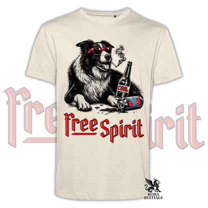 T-Shirt FREE SPIRIT - BORDER COLLIE Bianco e Nero - Bianca o Beige, da Uomo o da Donna - dalla XS alla 5XL