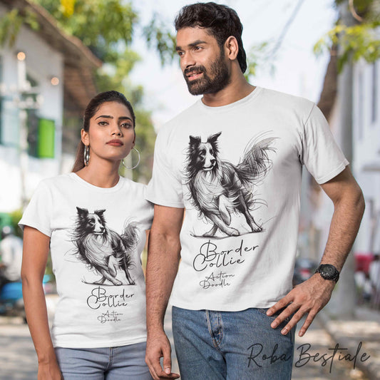 T-Shirt ACTION DOODLE - BORDER COLLIE Bianco e Nero 1 - 100% Cotone, Bianca, Uomo o Donna - dalla XS alla 5XL