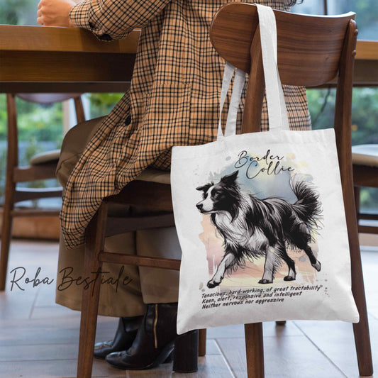 Shopper BEHAVIOR - BORDER COLLIE Bianco e Nero - Standard FCI - Diversi colori disponibili, 100% Cotone