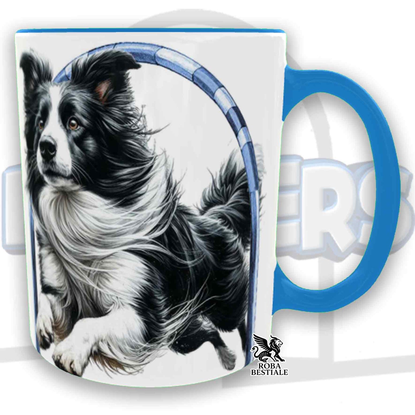 Tazza HOOPERS Player - BORDER COLLIE Bianco e Nero - In Ceramica, con manico e interno colorato - 330 ml