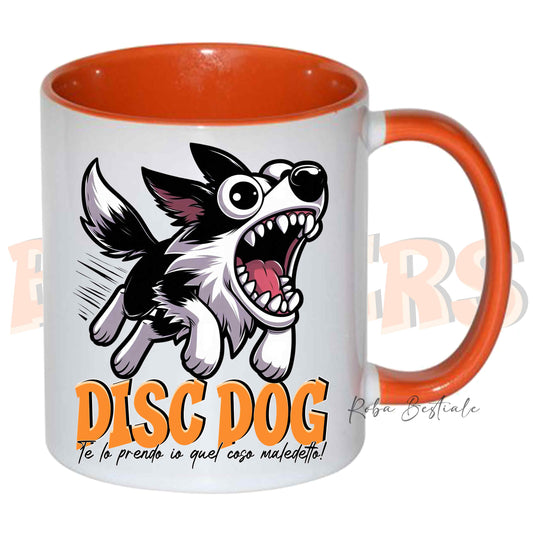 Tazza BONKERS - DISC DOG - BORDER COLLIE Bianco e Nero - In Ceramica, con manico e interno colorato - 330 ml
