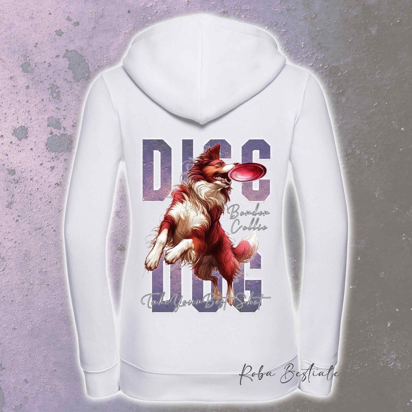 Felpa APTITUDE - DISC DOG - BORDER COLLIE Bianco e Rosso - Con Cappuccio e Full Zip, Uomo o Donna, in tanti colori - dalla XS alla 5XL