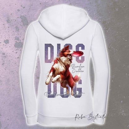 Felpa APTITUDE - DISC DOG - BORDER COLLIE Bianco e Rosso - Con Cappuccio e Full Zip, Uomo o Donna, in tanti colori - dalla XS alla 5XL