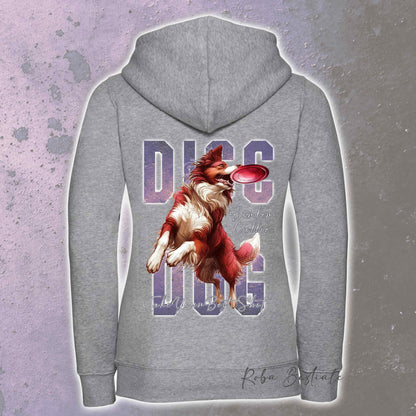 Felpa APTITUDE - DISC DOG - BORDER COLLIE Bianco e Rosso - Con Cappuccio e Full Zip, Uomo o Donna, in tanti colori - dalla XS alla 5XL