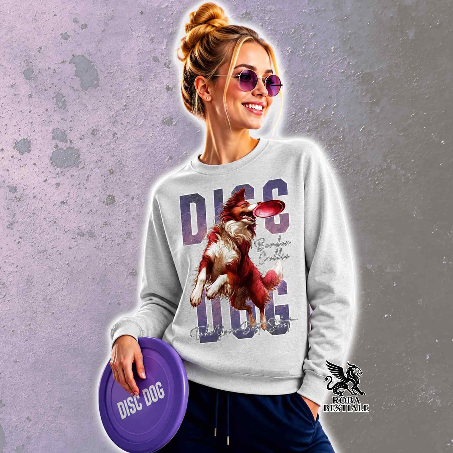 APTITUDE Winter Sweatshirt - DISC DOG - BORDER COLLIE White and Red - Crew neck, Unisex, color of your choice - from XS to 3XL