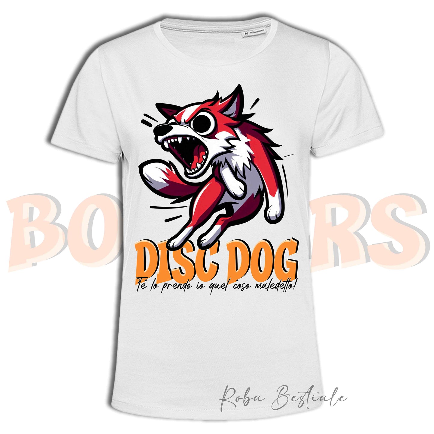 T-Shirt BONKERS - DISC DOG - BORDER COLLIE Bianco e Rosso - Uomo o Donna - dalla XS alla 5XL