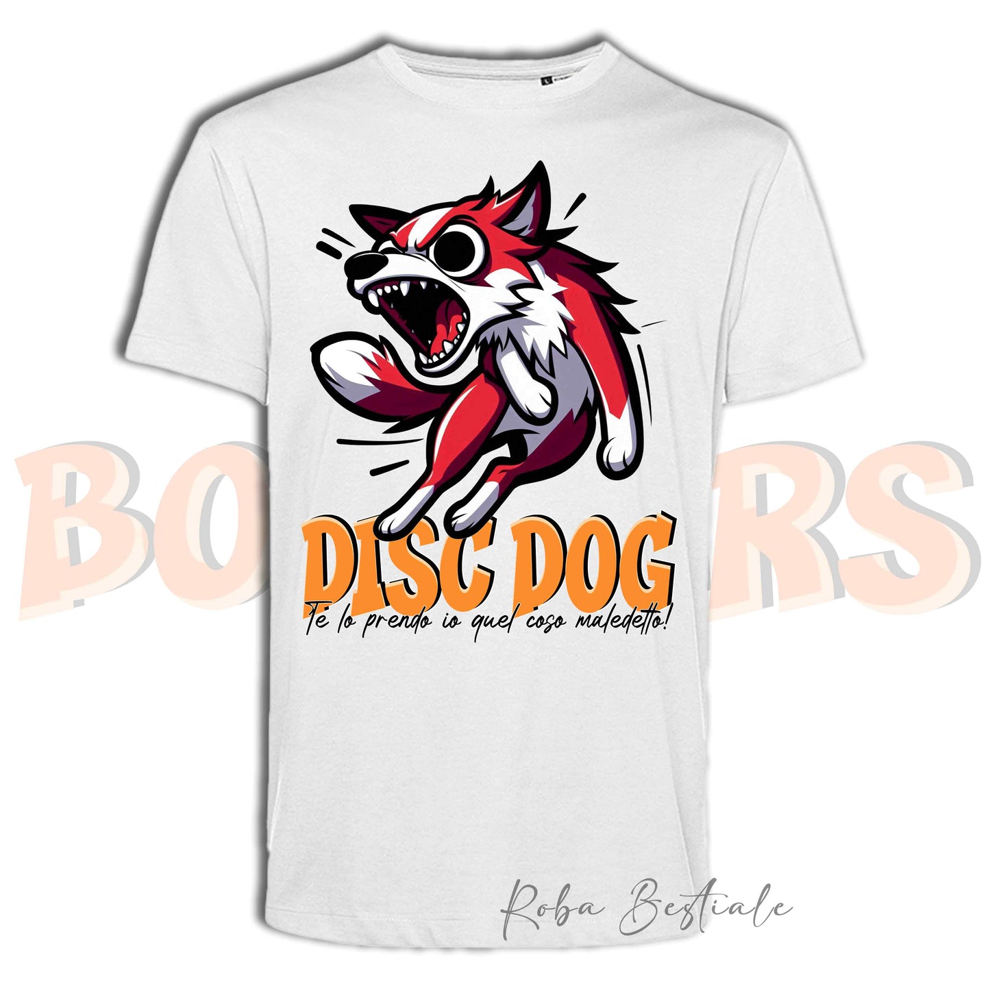 T-Shirt BONKERS - DISC DOG - BORDER COLLIE Bianco e Rosso - Uomo o Donna - dalla XS alla 5XL