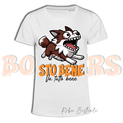T-Shirt BONKERS - STO BENE - BORDER COLLIE Bianco e Rosso - Uomo o Donna - dalla XS alla 5XL