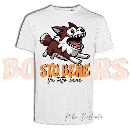 T-Shirt BONKERS - STO BENE - BORDER COLLIE Bianco e Rosso - Uomo o Donna - dalla XS alla 5XL