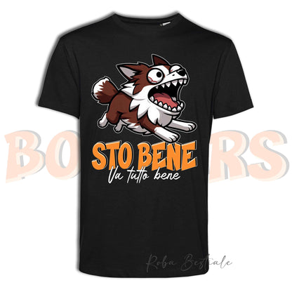 T-Shirt BONKERS - STO BENE - BORDER COLLIE Bianco e Rosso - Uomo o Donna - dalla XS alla 5XL