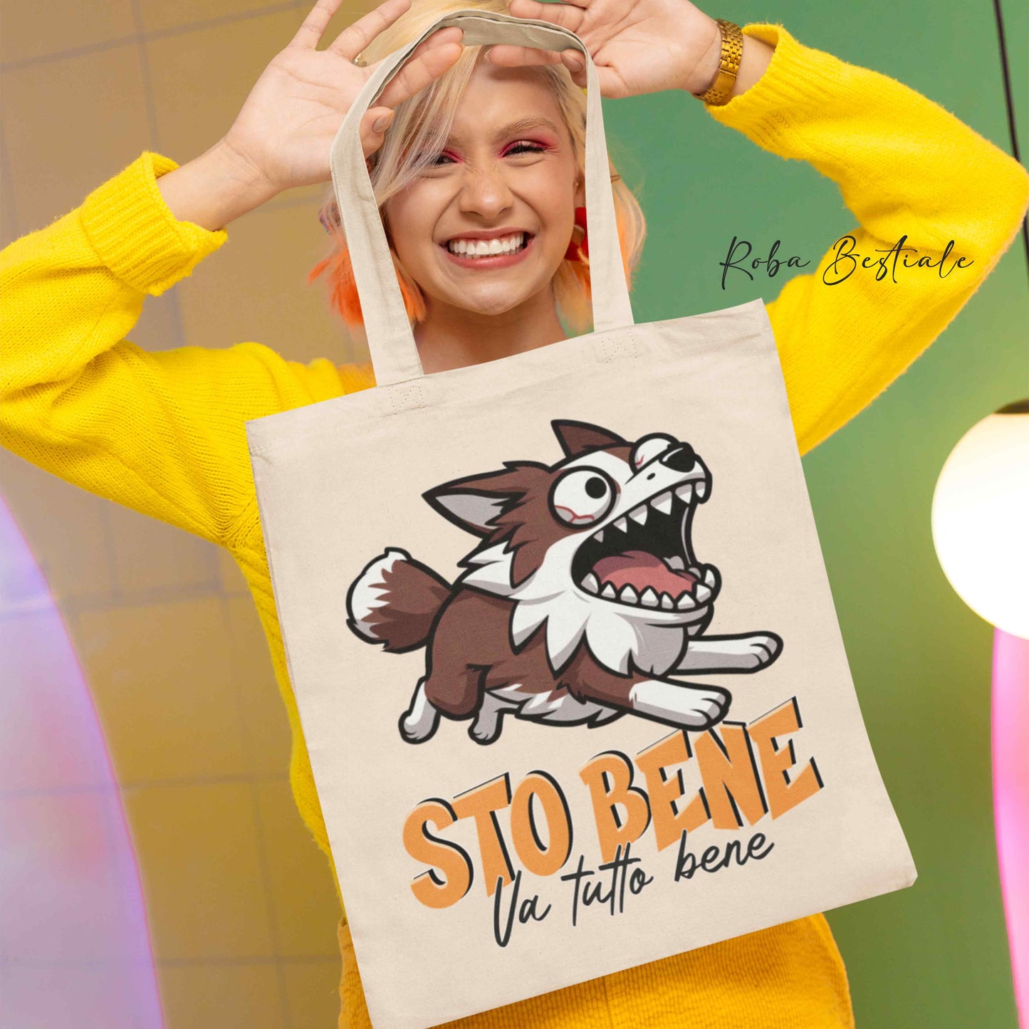 Shopper BONKERS - STO BENE - BORDER COLLIE Rosso e Bianco - Diversi colori disponibili