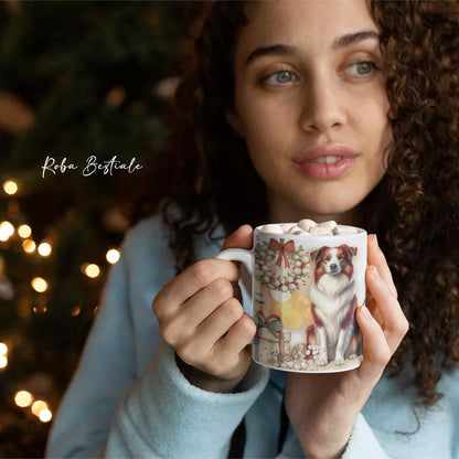 Tazza COZY WINTER - BORDER COLLIE Bianco e Rosso - In Ceramica, con manico color Oro - 330 ml