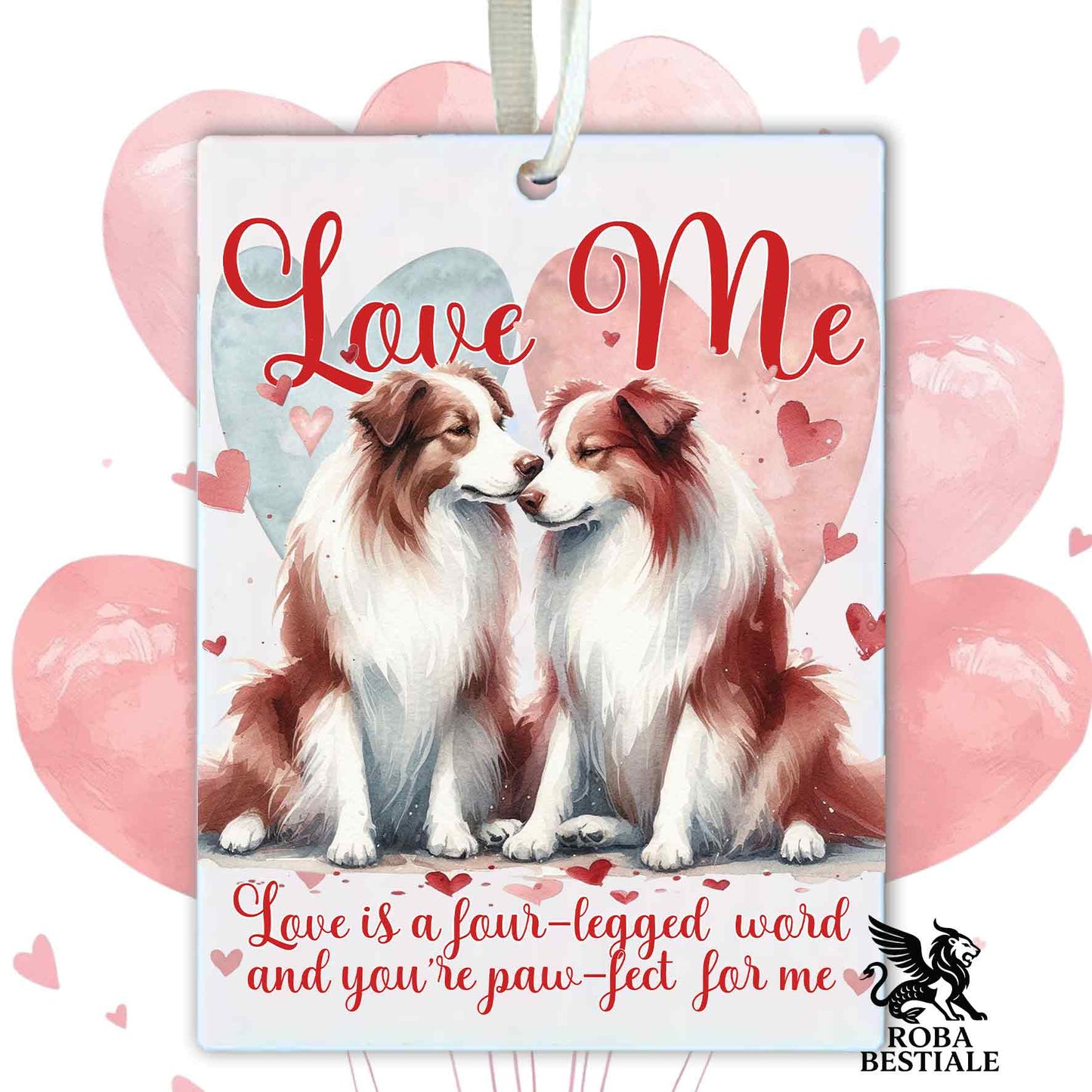 Deodorante Auto LOVE ME - BORDER COLLIE Bianco e Rosso - In Feltro, con cordino - 7,5 x 10 cm