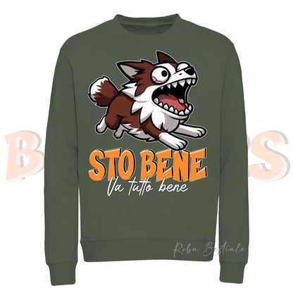 Felpa Invernale BONKERS - STO BENE - BORDER COLLIE Bianco e Rosso - Girocollo, Unisex, in tanti colori! - dalla XS alla 3XL