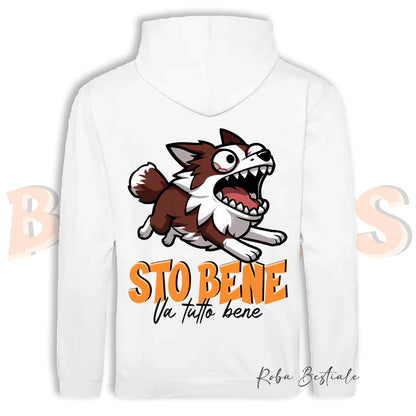 Felpa BONKERS - STO BENE - BORDER COLLIE Rosso e Bianco - Con Cappuccio e Tasconi, Unisex, in tanti colori - dalla XS alla 5XL