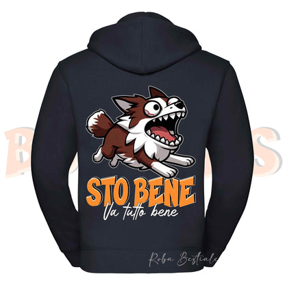 Felpa BONKERS - STO BENE - BORDER COLLIE Rosso e Bianco - Con Cappuccio e Full Zip, Uomo o Donna, in tanti colori - dalla XS alla 5XL