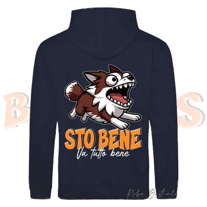 Felpa BONKERS - STO BENE - BORDER COLLIE Rosso e Bianco - Con Cappuccio e Tasconi, Unisex, in tanti colori - dalla XS alla 5XL