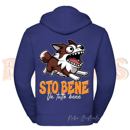 Felpa BONKERS - STO BENE - BORDER COLLIE Rosso e Bianco - Con Cappuccio e Full Zip, Uomo o Donna, in tanti colori - dalla XS alla 5XL