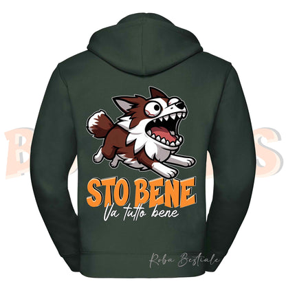 Felpa BONKERS - STO BENE - BORDER COLLIE Rosso e Bianco - Con Cappuccio e Full Zip, Uomo o Donna, in tanti colori - dalla XS alla 5XL