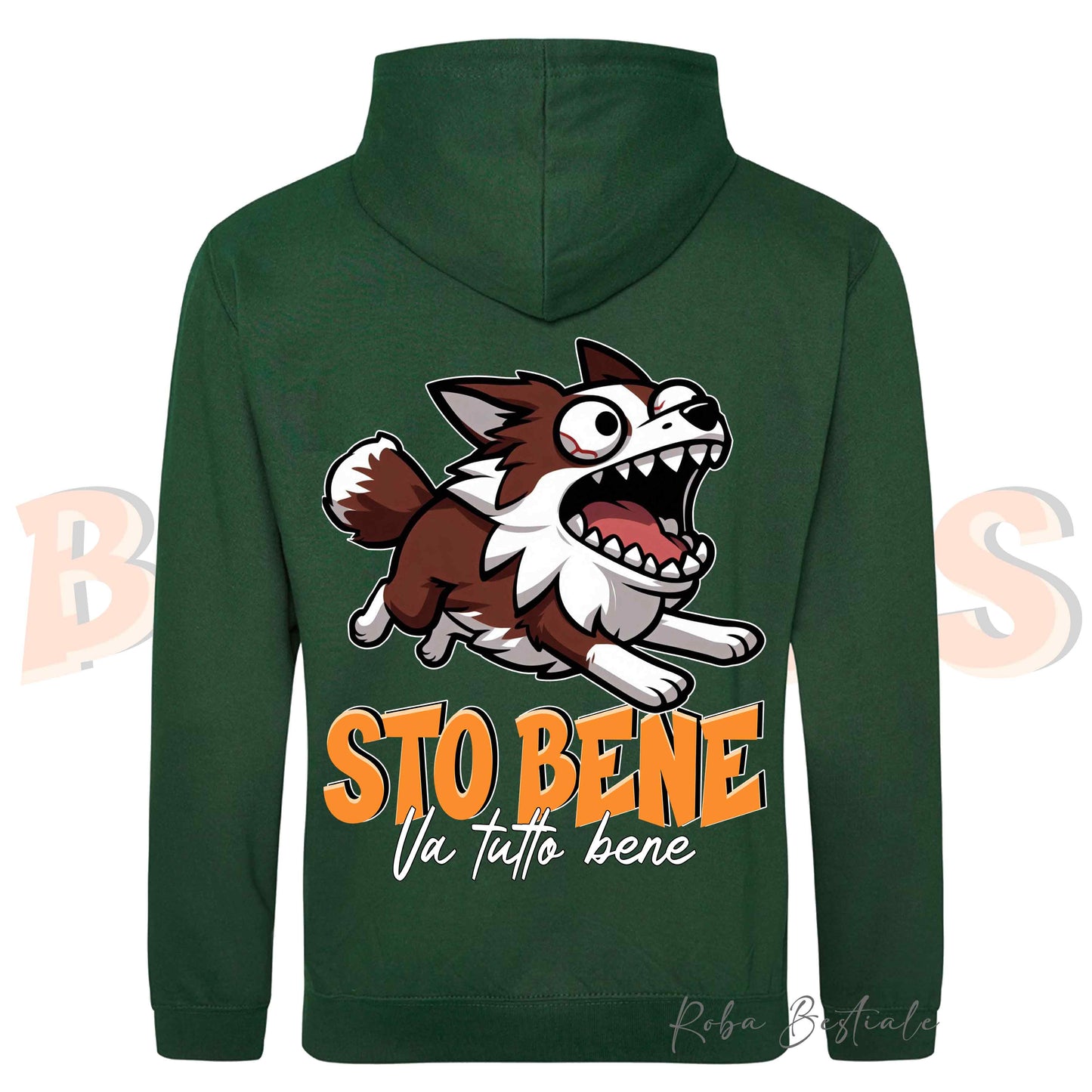 Felpa BONKERS - STO BENE - BORDER COLLIE Rosso e Bianco - Con Cappuccio e Tasconi, Unisex, in tanti colori - dalla XS alla 5XL