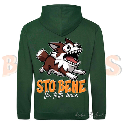 Felpa BONKERS - STO BENE - BORDER COLLIE Rosso e Bianco - Con Cappuccio e Tasconi, Unisex, in tanti colori - dalla XS alla 5XL