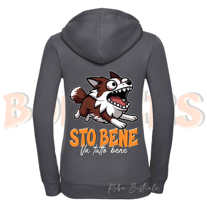 Felpa BONKERS - STO BENE - BORDER COLLIE Rosso e Bianco - Con Cappuccio e Full Zip, Uomo o Donna, in tanti colori - dalla XS alla 5XL