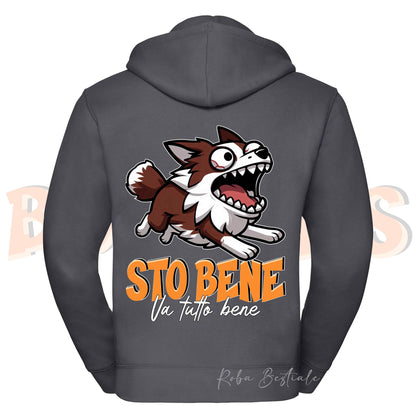 Felpa BONKERS - STO BENE - BORDER COLLIE Rosso e Bianco - Con Cappuccio e Full Zip, Uomo o Donna, in tanti colori - dalla XS alla 5XL
