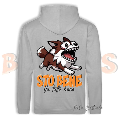 Felpa BONKERS - STO BENE - BORDER COLLIE Rosso e Bianco - Con Cappuccio e Tasconi, Unisex, in tanti colori - dalla XS alla 5XL