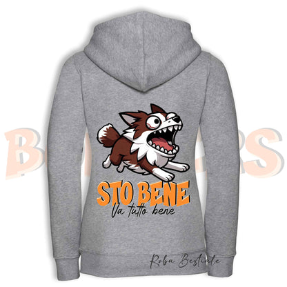 Felpa BONKERS - STO BENE - BORDER COLLIE Rosso e Bianco - Con Cappuccio e Full Zip, Uomo o Donna, in tanti colori - dalla XS alla 5XL