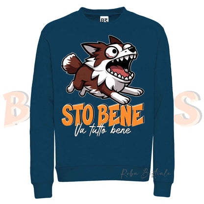 Felpa Invernale BONKERS - STO BENE - BORDER COLLIE Bianco e Rosso - Girocollo, Unisex, in tanti colori! - dalla XS alla 3XL