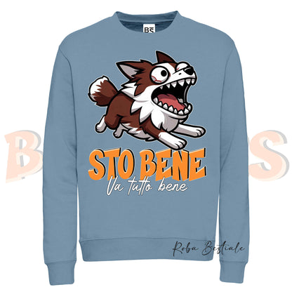 Felpa Invernale BONKERS - STO BENE - BORDER COLLIE Bianco e Rosso - Girocollo, Unisex, in tanti colori! - dalla XS alla 3XL