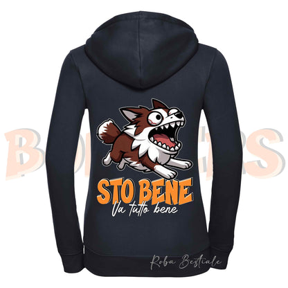 Felpa BONKERS - STO BENE - BORDER COLLIE Rosso e Bianco - Con Cappuccio e Full Zip, Uomo o Donna, in tanti colori - dalla XS alla 5XL