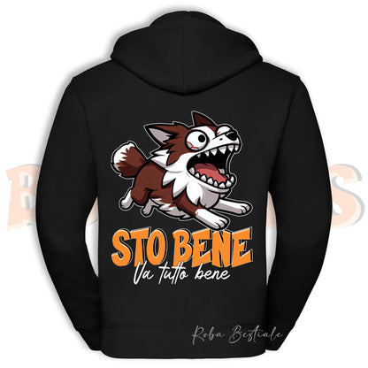 Felpa BONKERS - STO BENE - BORDER COLLIE Rosso e Bianco - Con Cappuccio e Full Zip, Uomo o Donna, in tanti colori - dalla XS alla 5XL