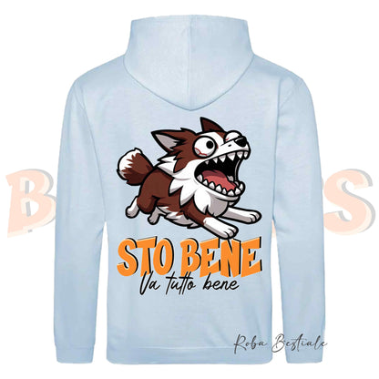 Felpa BONKERS - STO BENE - BORDER COLLIE Rosso e Bianco - Con Cappuccio e Tasconi, Unisex, in tanti colori - dalla XS alla 5XL