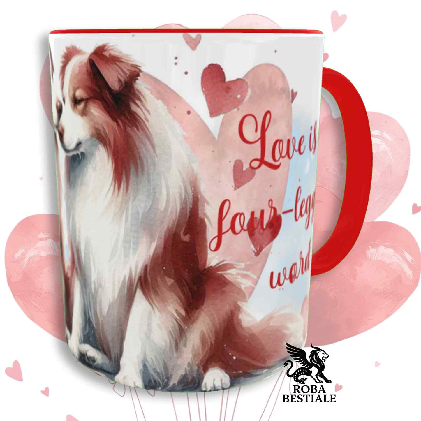 Tazza LOVE ME - BORDER COLLIE Bianco e Rosso - In Ceramica, con dettagli Rossi - 330 ml