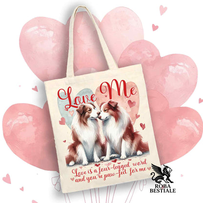 Tote Bag LOVE ME - BORDER COLLIE Bianco e Rosso - 100% Cotone - Bianca o Beige