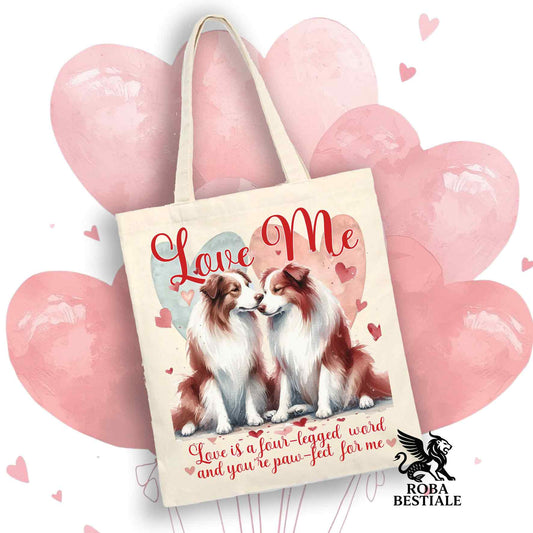 Tote Bag LOVE ME - BORDER COLLIE Bianco e Rosso - 100% Cotone - Bianca o Beige