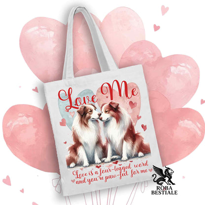Tote Bag LOVE ME - BORDER COLLIE Bianco e Rosso - 100% Cotone - Bianca o Beige