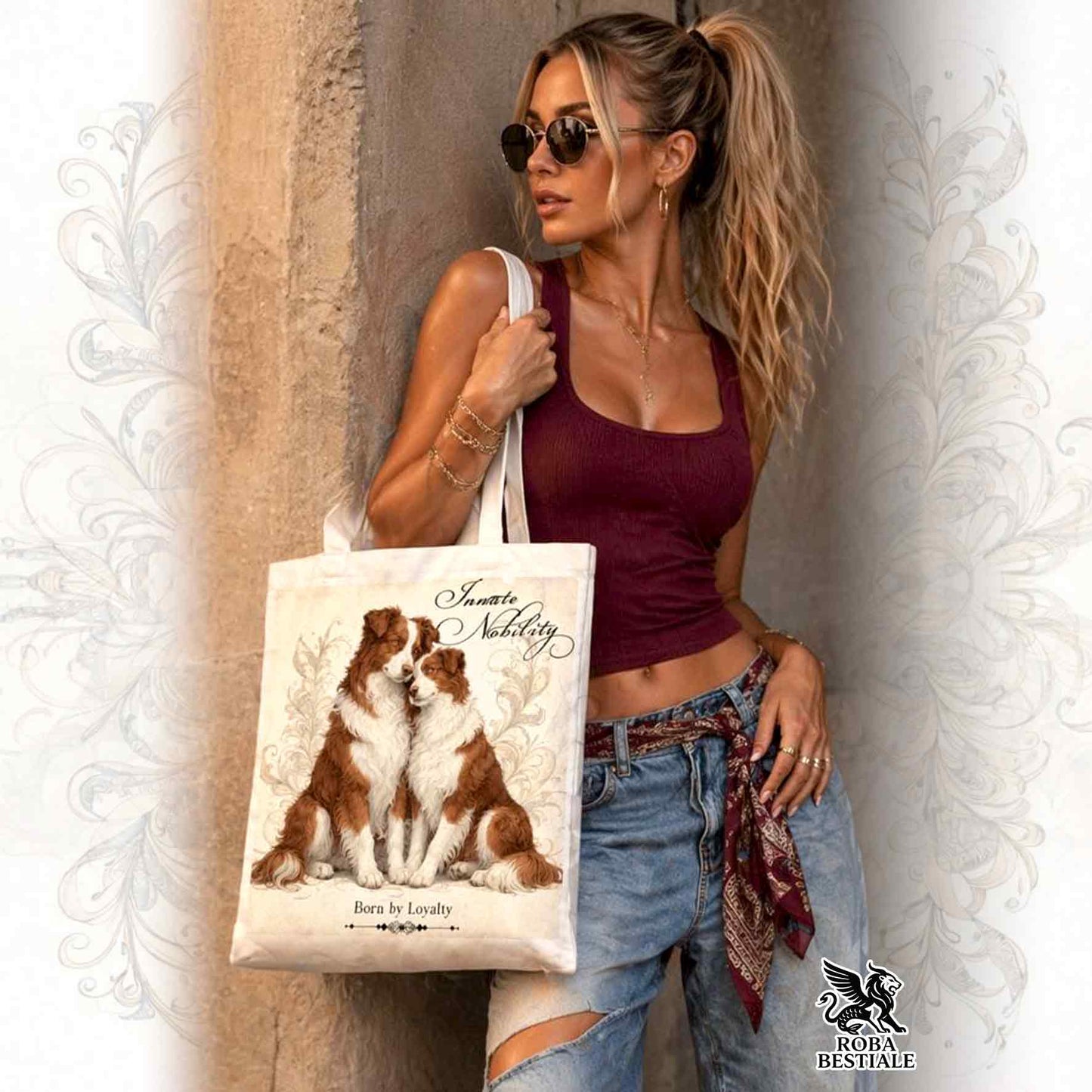 Tote Bag NOBILITY - BORDER COLLIE Bianco e Rosso - 100% Cotone - Bianca o Beige