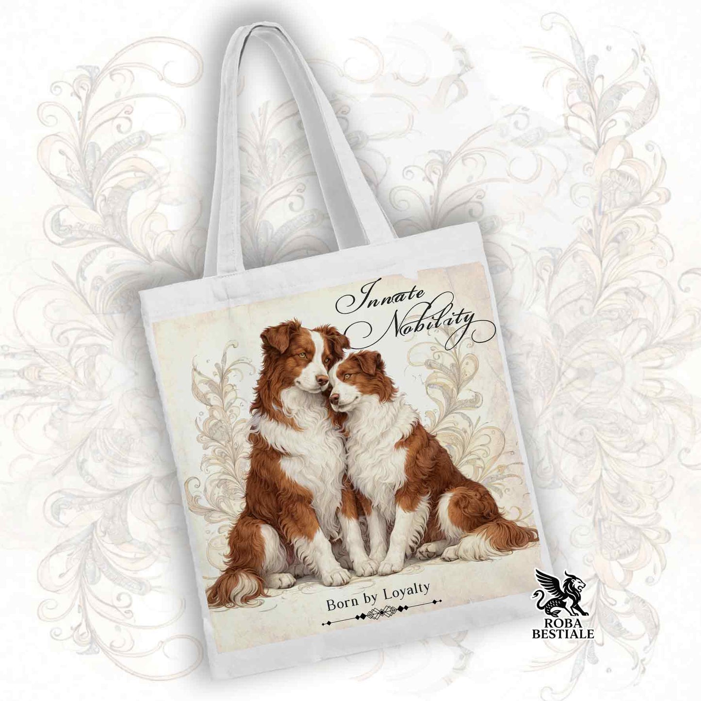 Tote Bag NOBILITY - BORDER COLLIE Bianco e Rosso - 100% Cotone - Bianca o Beige
