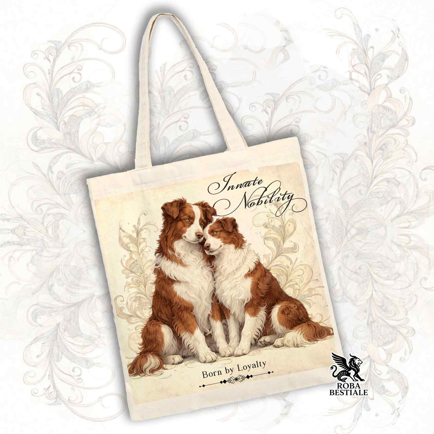 Tote Bag NOBILITY - BORDER COLLIE Bianco e Rosso - 100% Cotone - Bianca o Beige