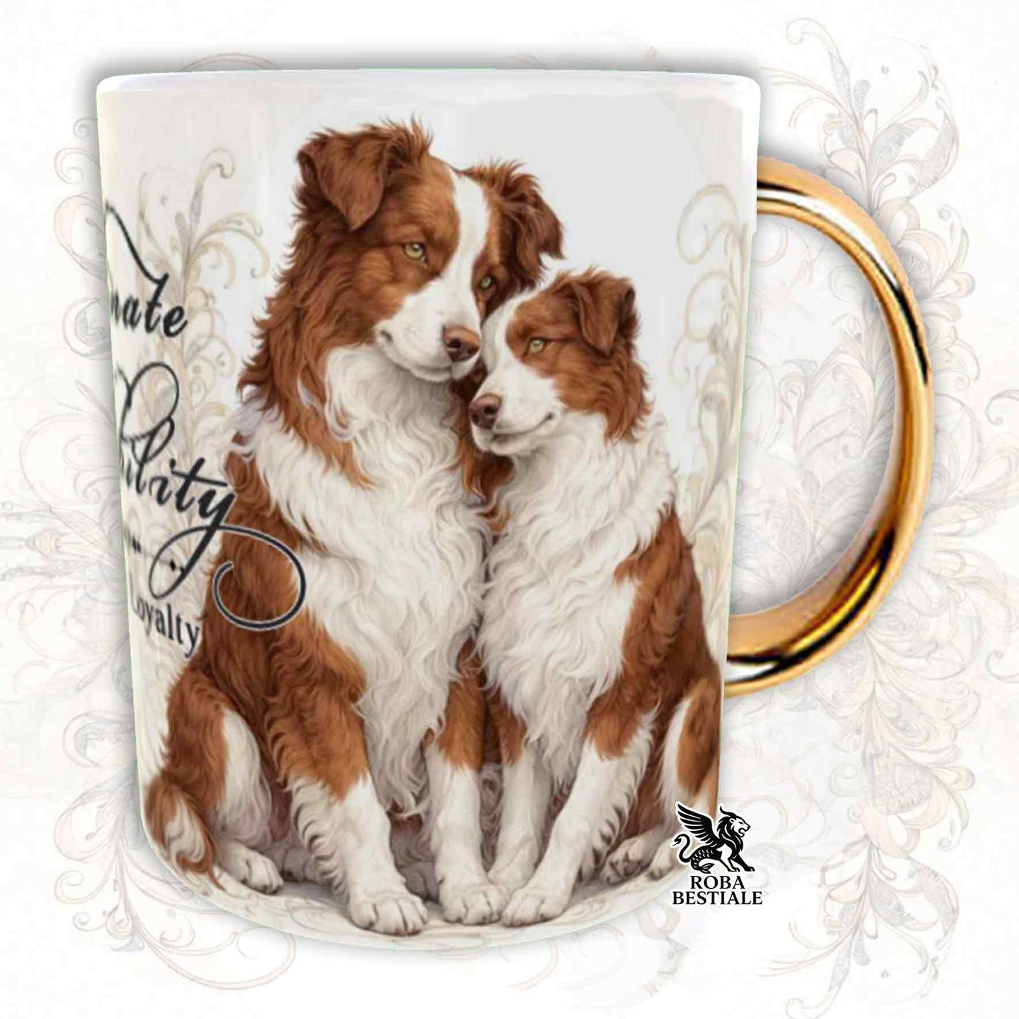 NOBILITY Mug - BORDER COLLIE Black and White - GOLD Handle - 330 ml - Ceramic