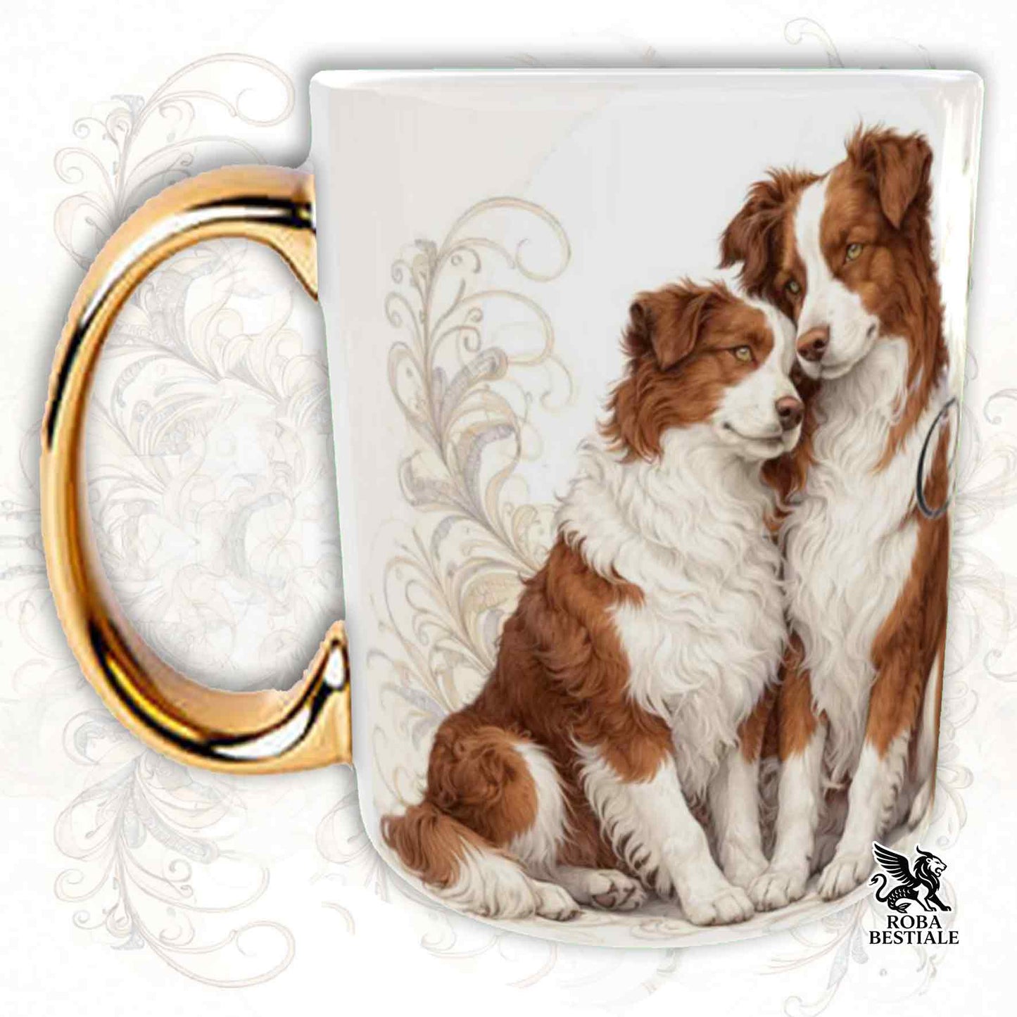NOBILITY Mug - BORDER COLLIE Black and White - GOLD Handle - 330 ml - Ceramic