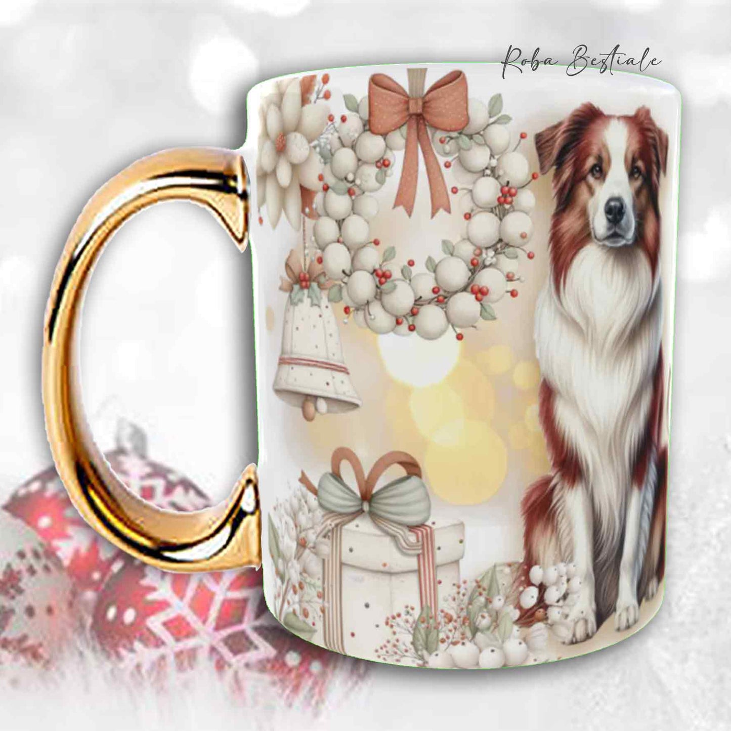 Tazza COZY WINTER - BORDER COLLIE Bianco e Rosso - In Ceramica, con manico color Oro - 330 ml