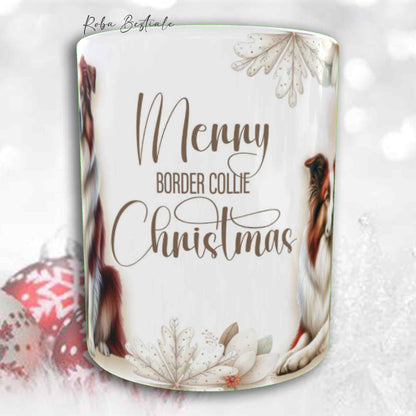 Tazza COZY WINTER - BORDER COLLIE Bianco e Rosso - In Ceramica, con manico color Oro - 330 ml