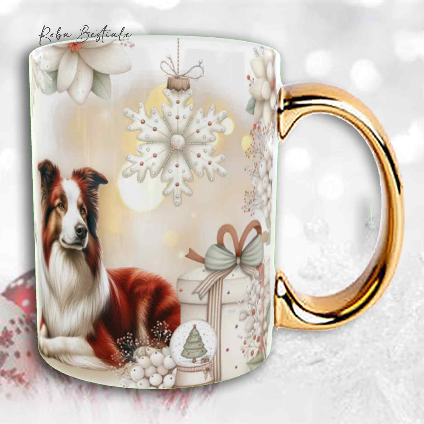 Tazza COZY WINTER - BORDER COLLIE Bianco e Rosso - In Ceramica, con manico color Oro - 330 ml