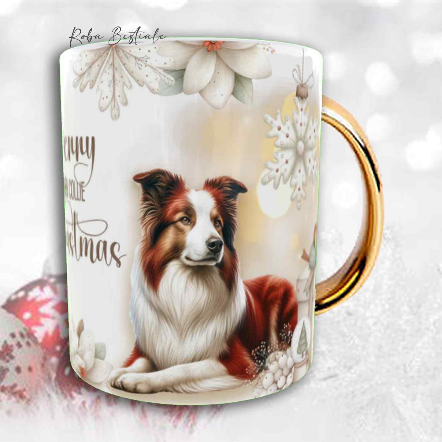 Tazza COZY WINTER - BORDER COLLIE Bianco e Rosso - In Ceramica, con manico color Oro - 330 ml