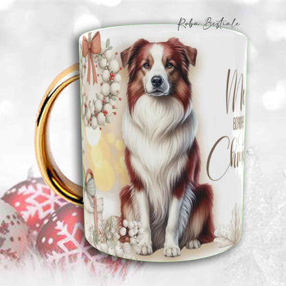 Tazza COZY WINTER - BORDER COLLIE Bianco e Rosso - In Ceramica, con manico color Oro - 330 ml