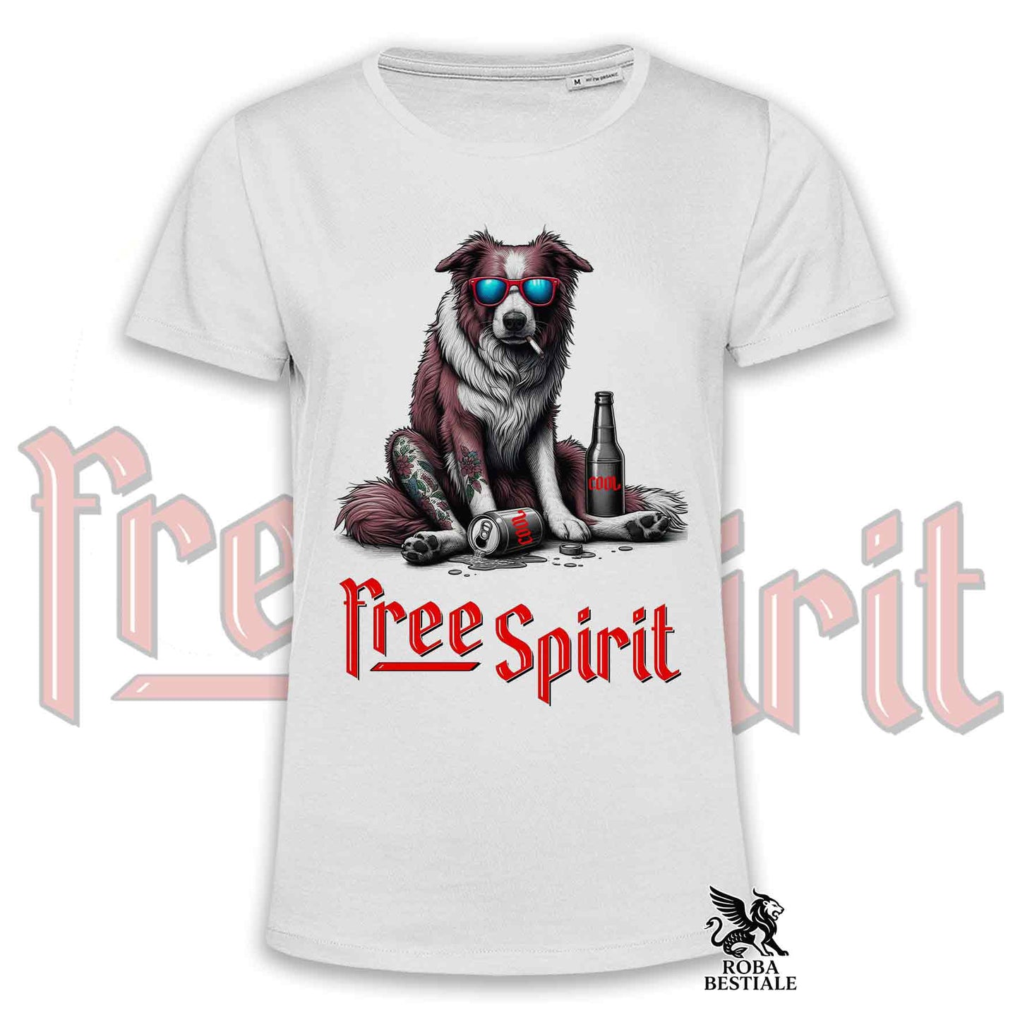 T-Shirt FREE SPIRIT - BORDER COLLIE Bianco e Rosso - Bianca o Beige, da Uomo o da Donna - dalla XS alla 5XL